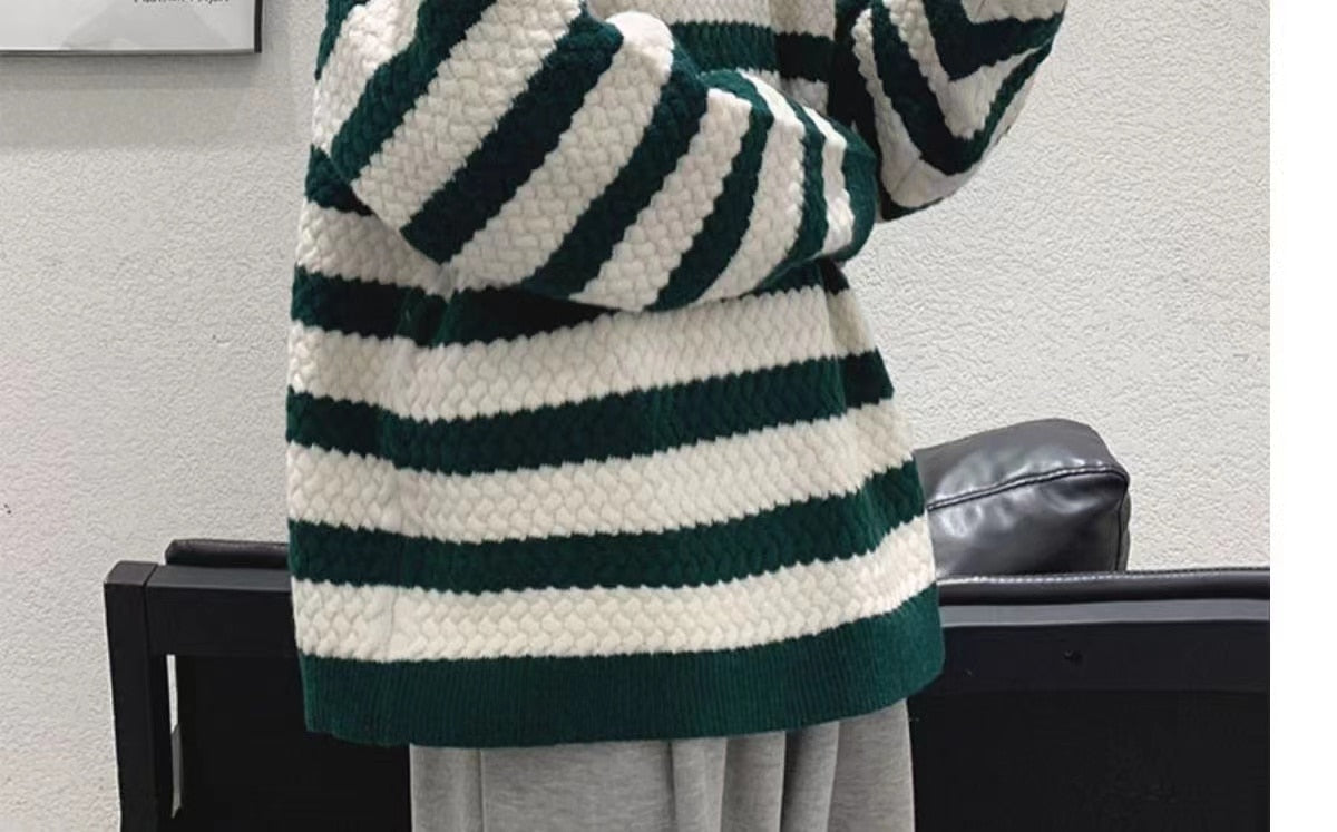 sanyamk Winter Men's Stripe Printing Coats Round Neck Wool Sweater Retro Loose Pullover Fashion Trend Thickened Knitting M-2XL