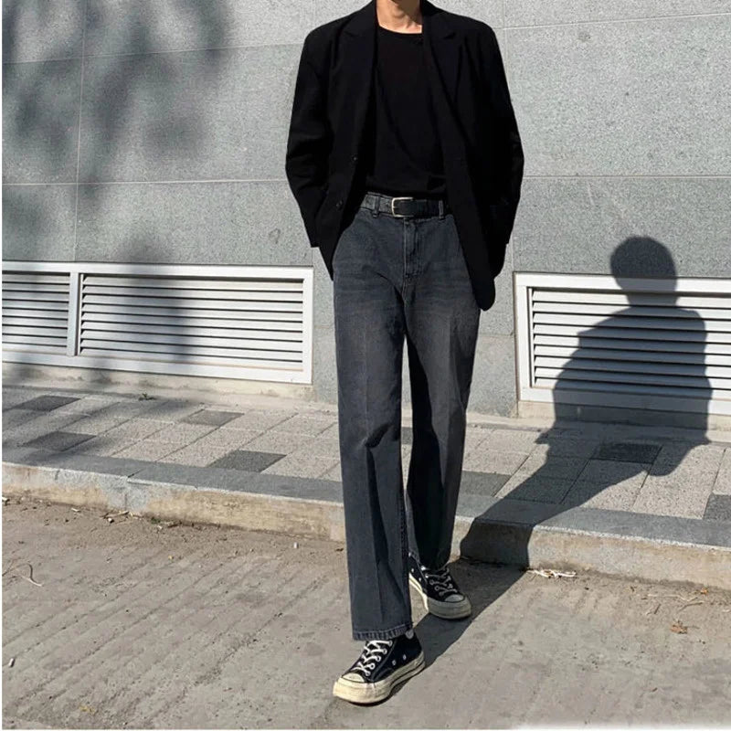 Bonsir - Jeans Men's Loose Straight Autumn New Wide Leg Trousers Korean Fashion Streetwear Black Blue Distressed Casual Baggy Pants