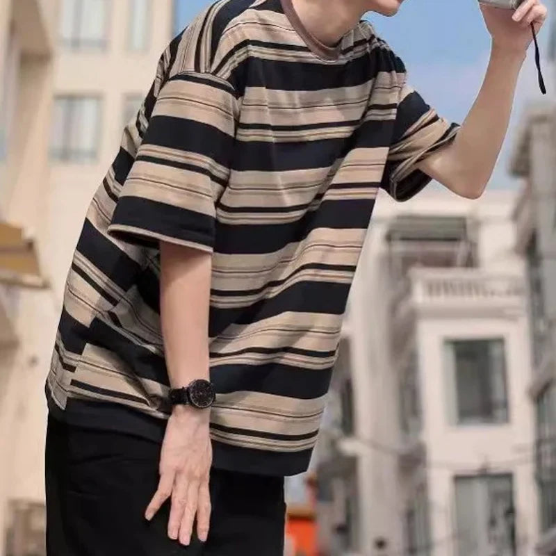 sanyamk - Fashion Striped Print Oversize T Shirt Men Summer Casual Short Sleeve Crew Neck T-shirts Streetwear Mens Stylish Loose Pullovers