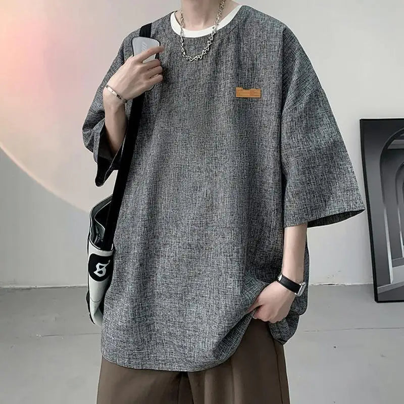 sanyamk - Men's Clothing Short Sleeve Round Neck Loose Straight Pullovers Solid Printing Handsome Simple Casual Streetwear T-Shirts