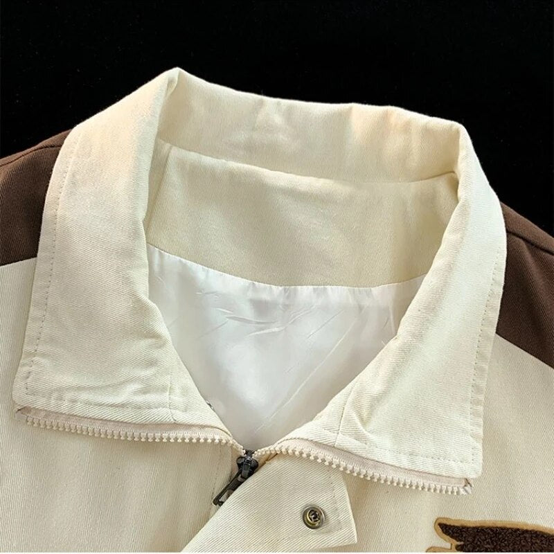 Bonsir American Vintage Racing Jacket Men Cycling Lapel Jacket Women BF Letter Varsity Coat Oversize High Street Vibe Baseball Uniform