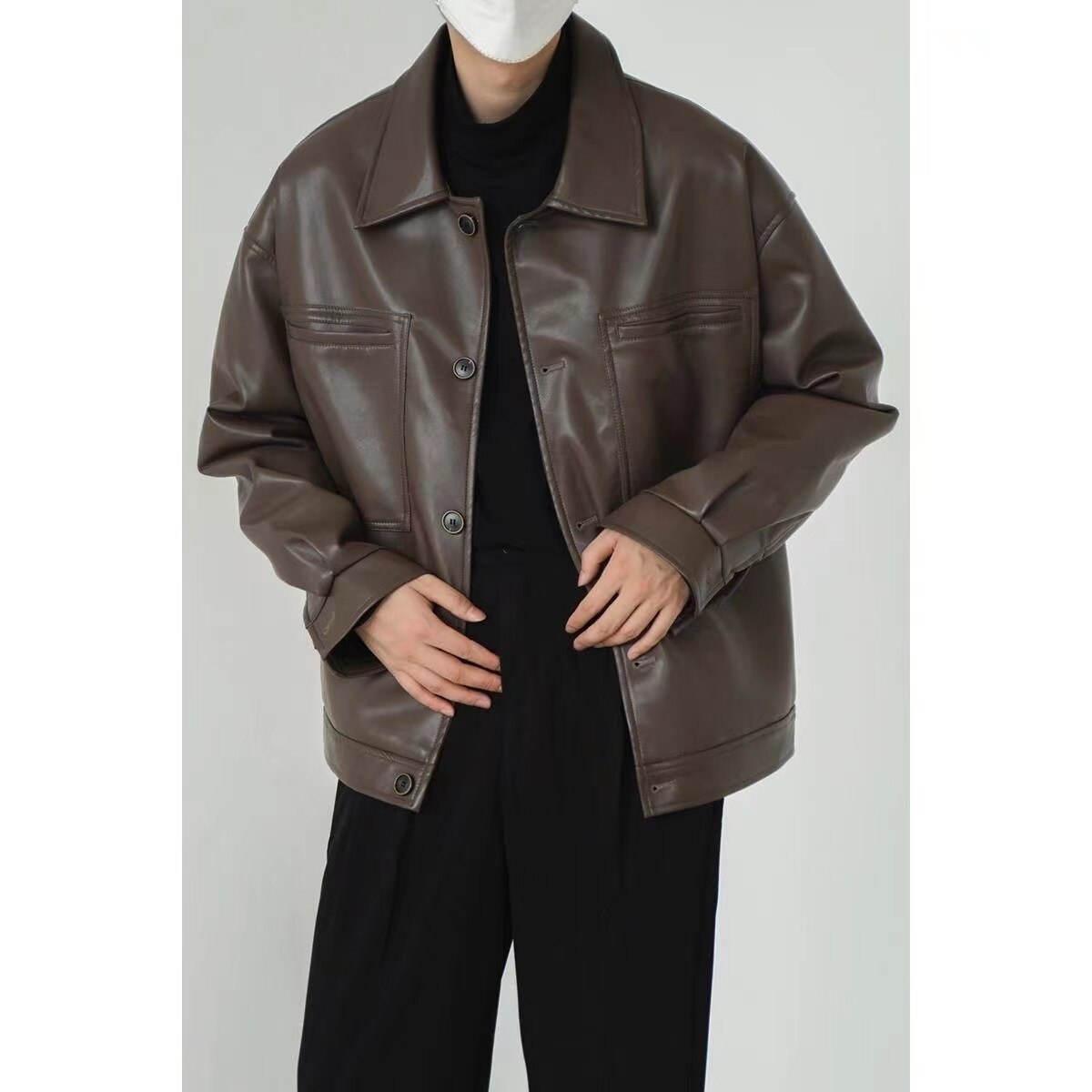 sanyamk Men's Vintage Korean PU Leather Streetwear Jacket Lapel Collar Casual Loose Short Coat Fashion Trend Outerwear Size M-2XL