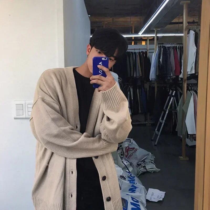sanyamk Knit Sweater Male Coat Cardigan Men's Clothing White V Neck Plain Solid Color Jacket Korean Style Casual New in Maletry Classic