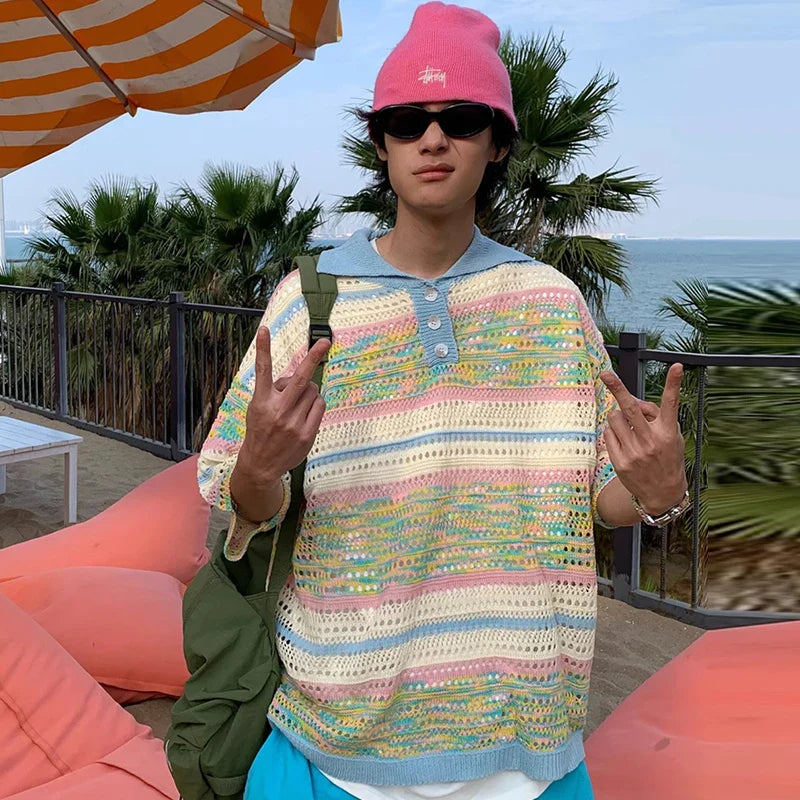 sanyamk - Summer Men's Clothing Luxury Striped Hollow Out Knitted Polo Shirt Retro Short-sleeved Korean Popular Knitwear Leisure T-shirts