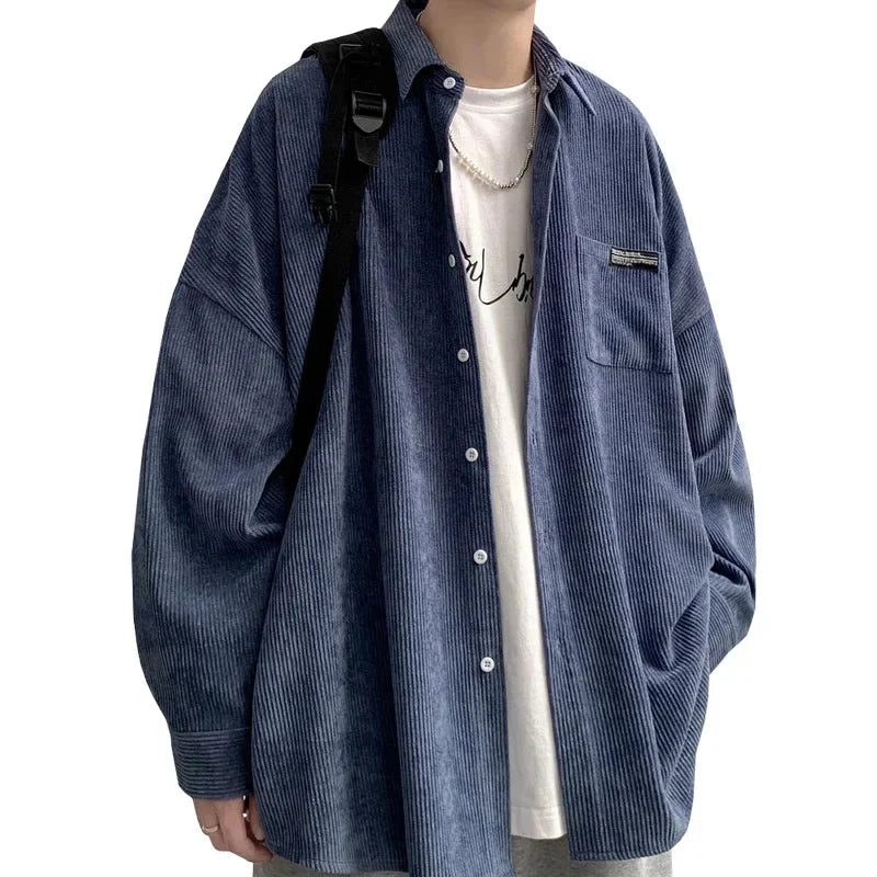 sanyamk - Mens Corduroy Shirts Streetwear Harajuku Japanese Style Oversize Unisex Blouses