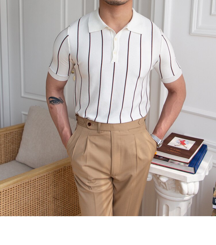 sanyamk Contrasting Stripes Casual Slim Lapel Polo Summer Knit Lapel T-shirt Polo Camisa Hombre British Men's Shirt Mannen Polo
