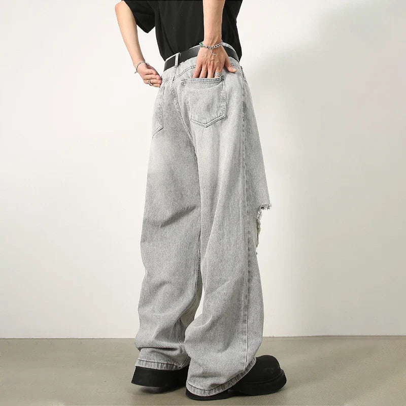 sanyamk Ripped Jeans Men High Street Male Hip Hop Distressed Denim Wide Leg Pants Casual Trousers Vintage Streetwear Loose
