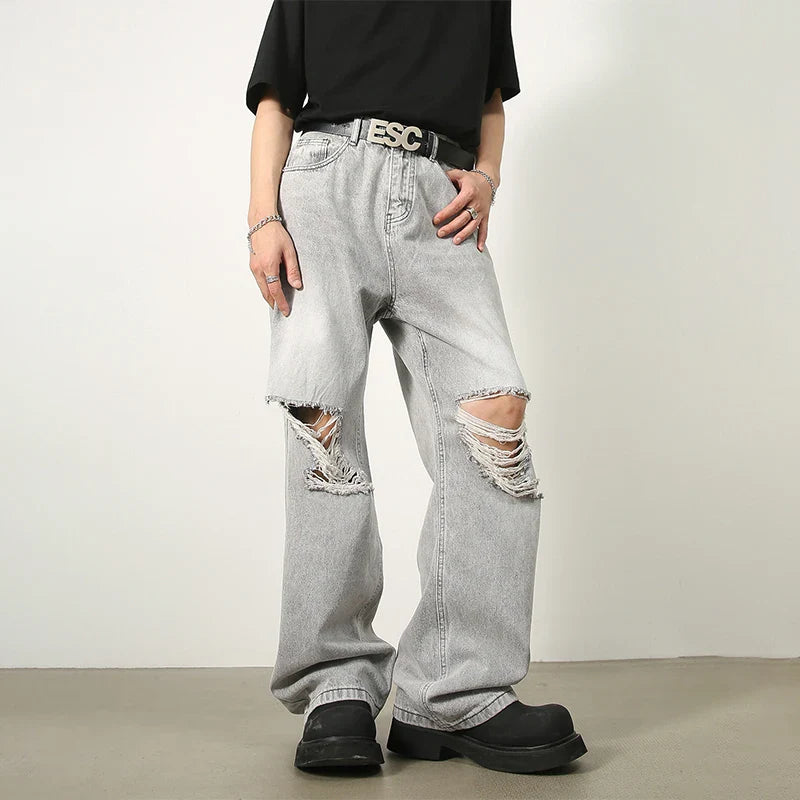 sanyamk Ripped Jeans Men High Street Male Hip Hop Distressed Denim Wide Leg Pants Casual Trousers Vintage Streetwear Loose