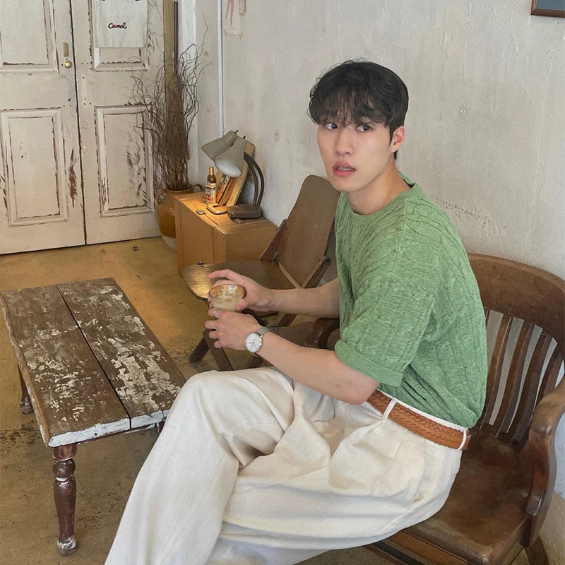 sanyamk - Summer Handsome Well Fitting Tops 2024 New Men Knitted O-Neck Simple Daily T-shirts Casual Fashion Solid Short Sleeve B102