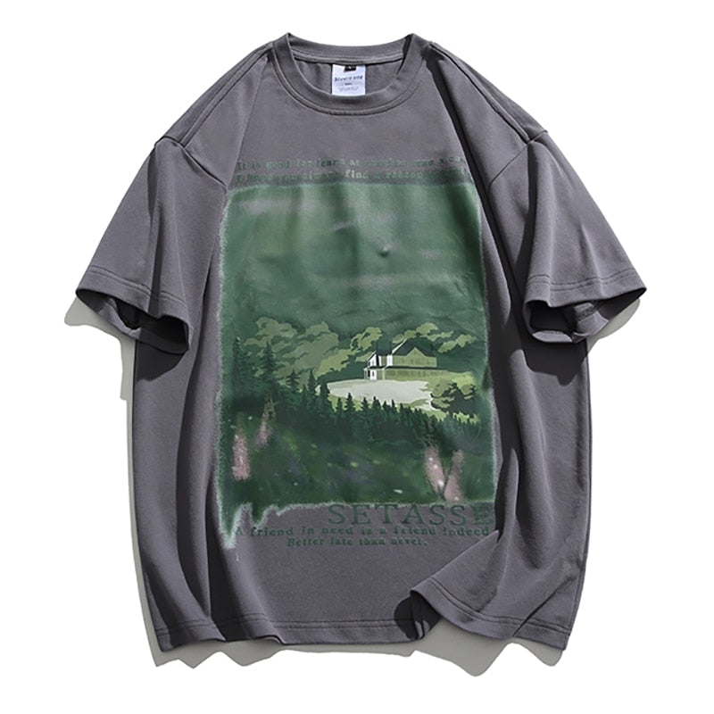 Bonsir Summer Vintage Cotton T-Shirt Men Printed Pattern Baggy Tees Fashion Korean Streetwear Short Sleeve Tops Clothing Male Plus Size