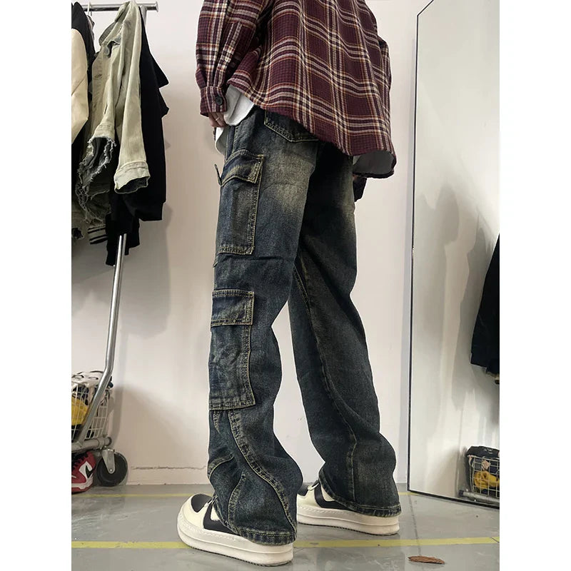 sanyamk New Men's Patchwork Muti-pockets Cargo Jeans Unisex Straight Casual Trousers Men Hip Hop Streetwear Vintage Fashion Pants