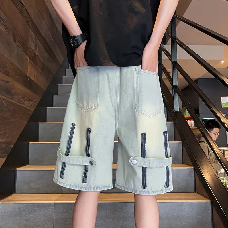 sanyamk Zipper Patchwork Jeans Shorts Men Harajuku Streetwear Denim Shorts Hip Hop Summer Casual Loose Straight Shorts Clay Yellow