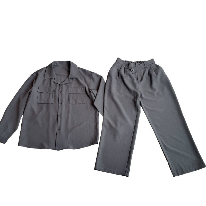 sanyamk Autumn Grey Black Sets Men Fashion Retro Pocket Long-sleeved Shirt/trousers Two-piece Men Korean Loose Casual Mens Sets M-2XL
