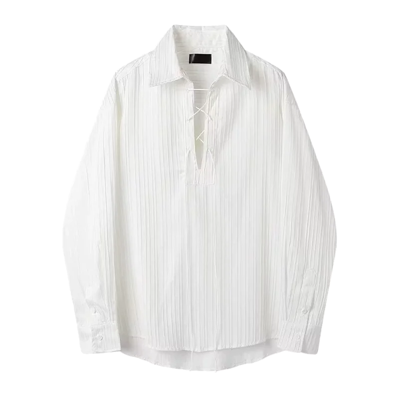 Bonsir Streetwear Mens V Neck Shirt Tops Spring Long-sleeve Drawstring Lace-up Lapel Shirts Men Vintage Pleated Solid Color Fresh Tops