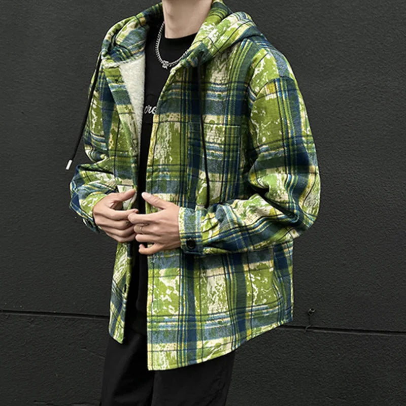 sanyamk - Korean Style Men's Hoodies Hooded Plaid Contrast Color Casual Tops Single Breasted Brushed Loose Male Sweatshirts 9C8558