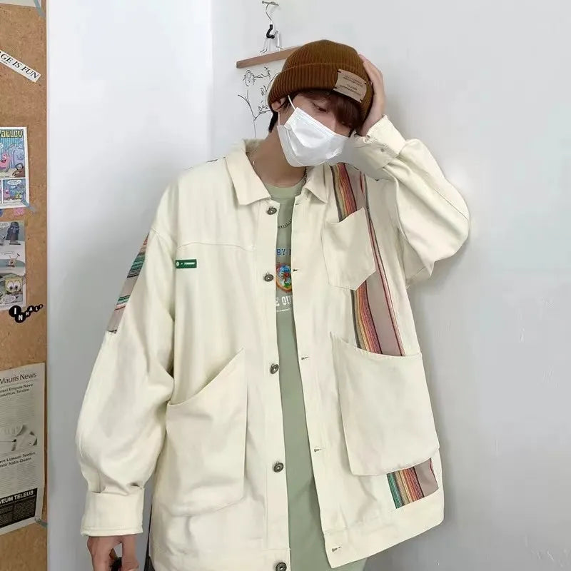 sanyamk Hip Hop Color Block Patchwork Denim Jacket Men Striped Jacket Casual Autumn Sping Harajuku Vintage Cargo Jacket Coats