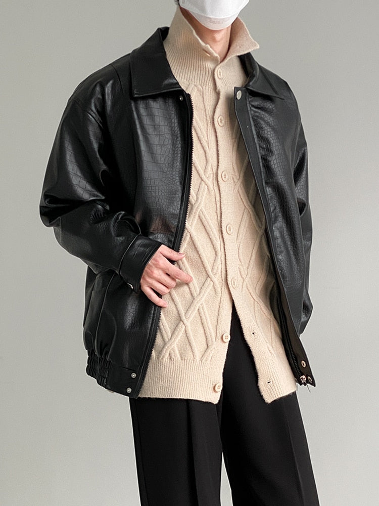 Bonsir PU Leather Jacket Men's Fashion Loose Wear Autumn New Lapel High Street Zipper Long Sleeve Male Short Coat L55