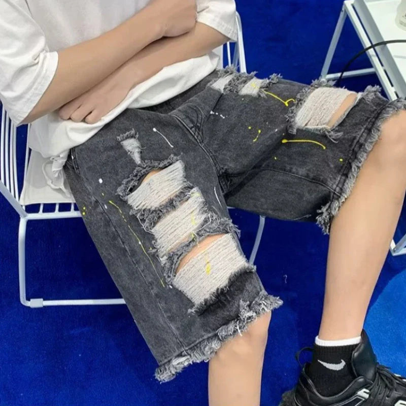 sanyamk Ripped Denim Shorts Men Baggy Retro Hip Hop Summer Breathable Destroyed Streetwear Daily Raw Edge All-match Comfortable