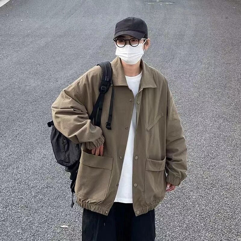 sanyamk Men's Japanese Vintage Lapel Collar Cargo Jackets Work Clothes Harajuku Loose Casual Coats Solid Color Outerwear M-2XL