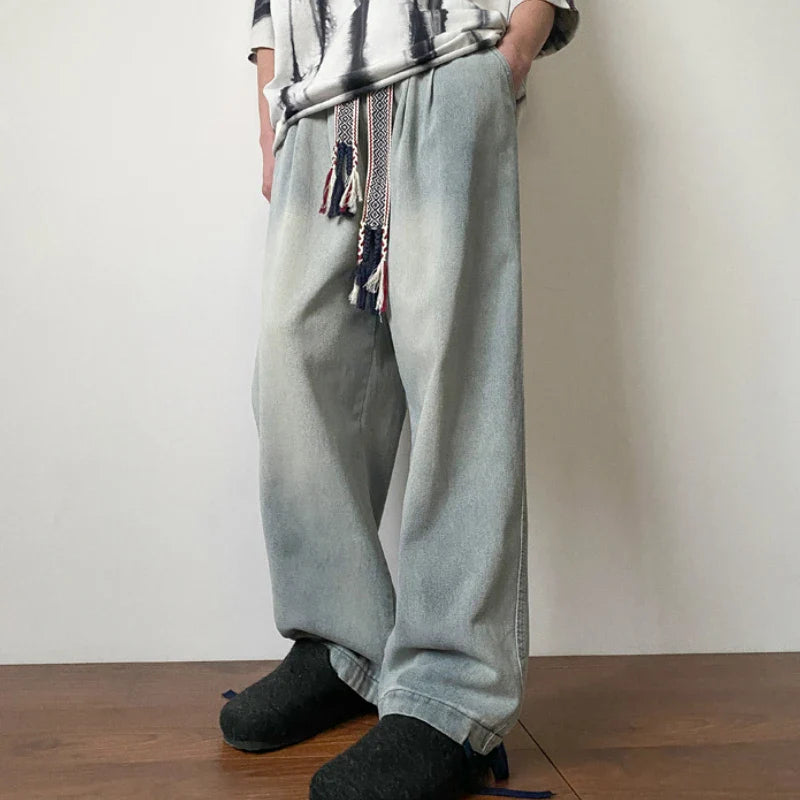 BONSIR - New Fashion Men Jeans Vintage Hip Hop Denim Pants Ethnic Pattern Drawstring Male Straight Loose Streetwear Baggy Cowboy Trousers