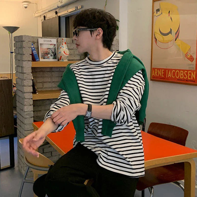 sanyamk - Minimalist Men's T-shirts Stripe Round Collar Long Sleeve Casual Tee Pullover Loose Male Tops Autumn Stylish 2024 9C6920