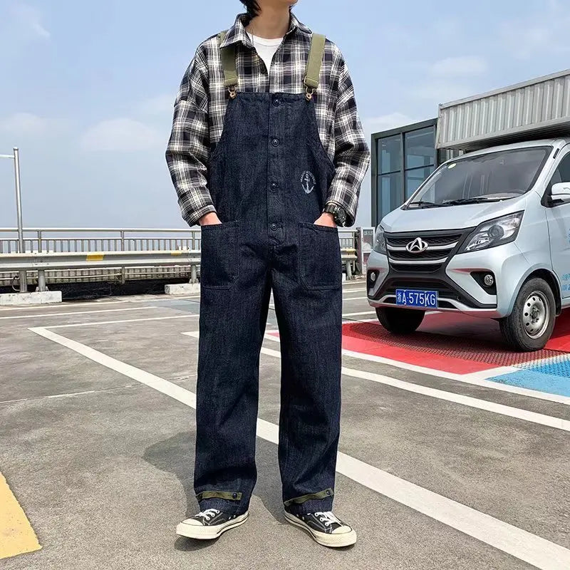 sanyamk Fashion Men Bib Jeans Pants Solid Color Jumpsuit Streetwear Jogger Pants Multi Pocket Casual Suspender Cargo Pants Men