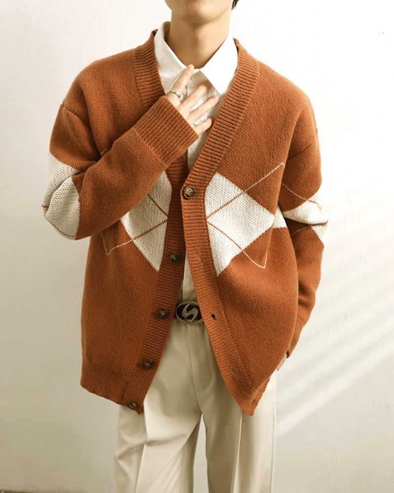 Bonsir Men's Knitted Cardigan Sweater Jacket Jacquard V-neck Women Autumn Loose Casual Button Long Sleeves Single-breasted Sweaters