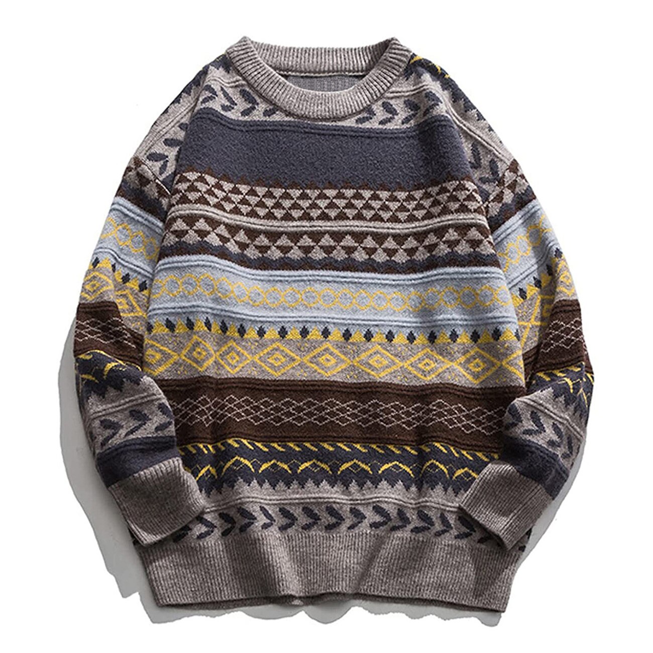Bonsir Vintage Print Colorblock Sweater Oversize Warm Elasticity Sweater Men Women Autumn Winter New Fashion Loose Pullovers