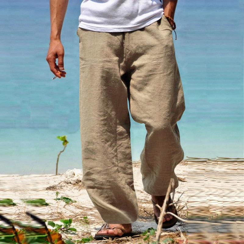 Bonsir Spring Summer Vintage Men's Solid Color Cotton Linen Long Pants Casual Trousers Men Leisure Drawstring Beach Pants