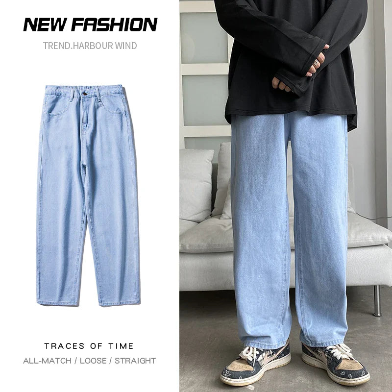 sanyamk New Men's Classic Loose Casual Jeans Student High Street Straight Stretch Blue Light Blue Black Jeans Men's Clothing
