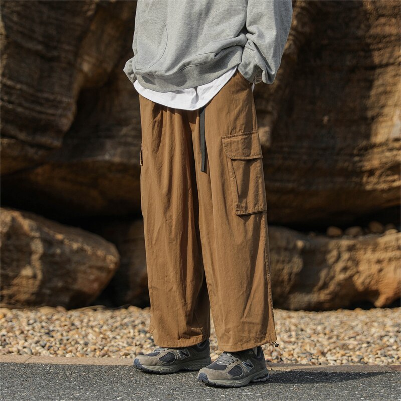 Bonsir Men's Loose Straight Wide Leg Pants Autumn Vintage Brown Cargo Pants Men Streetwear Casual Ankle-banded Trousers With Belt