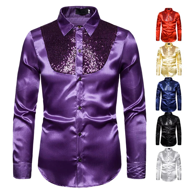 sanyamk Men's Shirt Sequin Lapel Solid Color Slim Fitting Business Casual For Wedding Banquet Performance Men Suit Long Sleeved Shirt