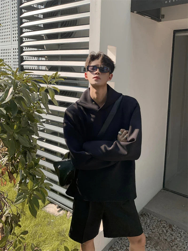 sanyamk - Men Solid Color Sets Casual Fashion 2 Piece Sets Space Cotton Stand Collar Button Loose Hoodies And Pants Korea Streetwear Style