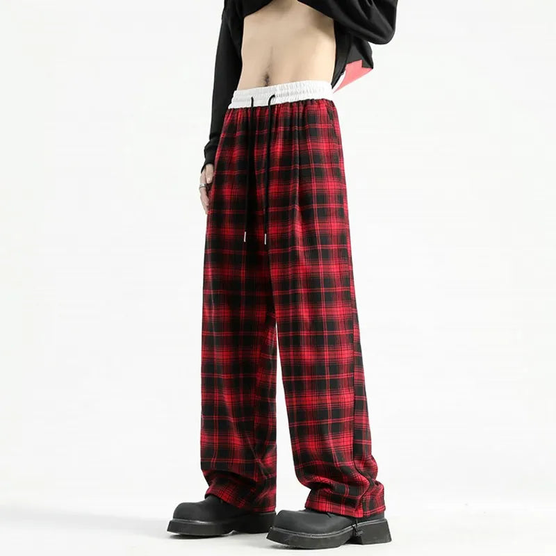 sanyamk Autumn Winter Men's Plaid Pants Contrast Color Wide Leg Casual Long Trousers Vintage Style Stylish Streetwear Checkered Pants