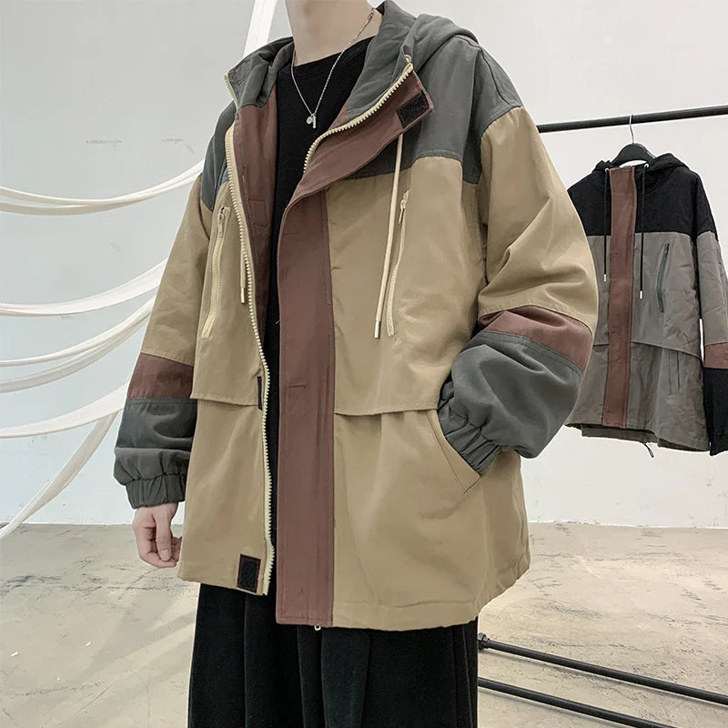 BONSIR - Korean Men Spring Autumn Bomber Jackets Mens Patchwork Casual Jacket Coat Fashion Hooded Zipper Workwear jacket Outerwear