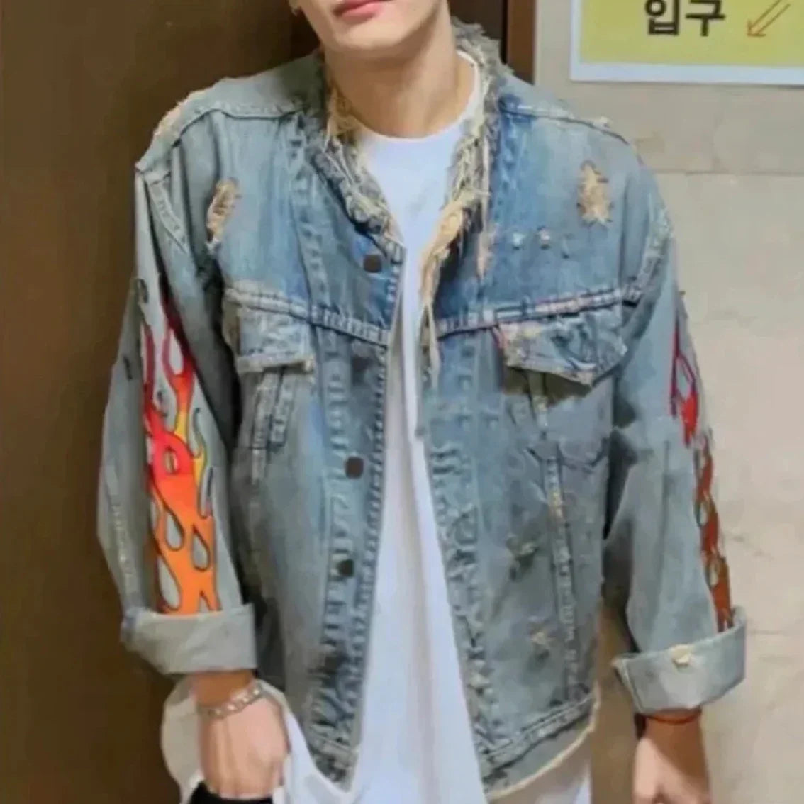 sanyamk High Street Cleanfit Ripped Flame Embroidery Hole Washed Blue Denim Jackets Men and Women Vintage Frayed Baggy Jeans Coat