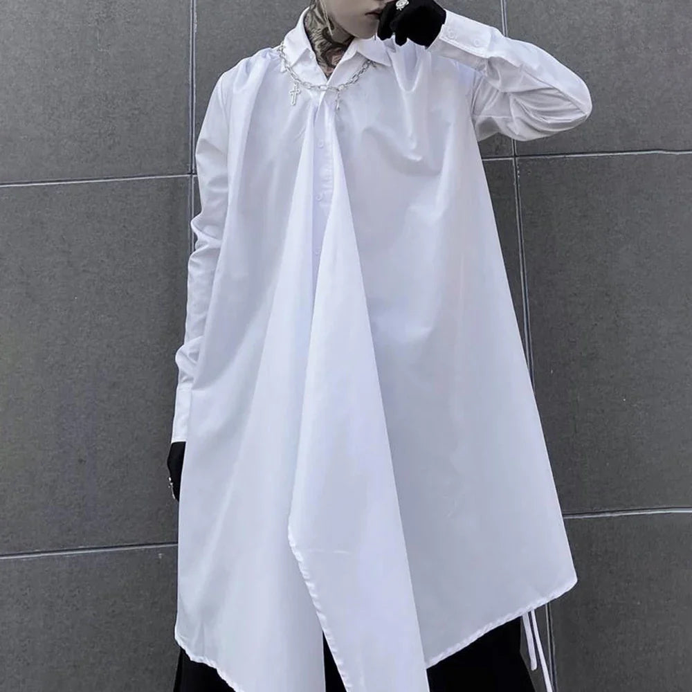 sanyamk Dark Abstinence Long Shirt Men's Simple Personality Strap Shirt Trendy Punk Solid Color Irregular High Street Cardigan Jacket