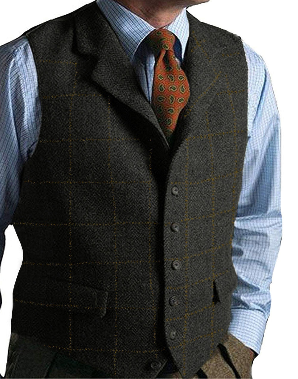 sanyamk Mens Suit Vest Green Wedding Wool Herringbone Tweed Business Waistcoat Jacket Casual Vests For Groomsmen Man Wedding