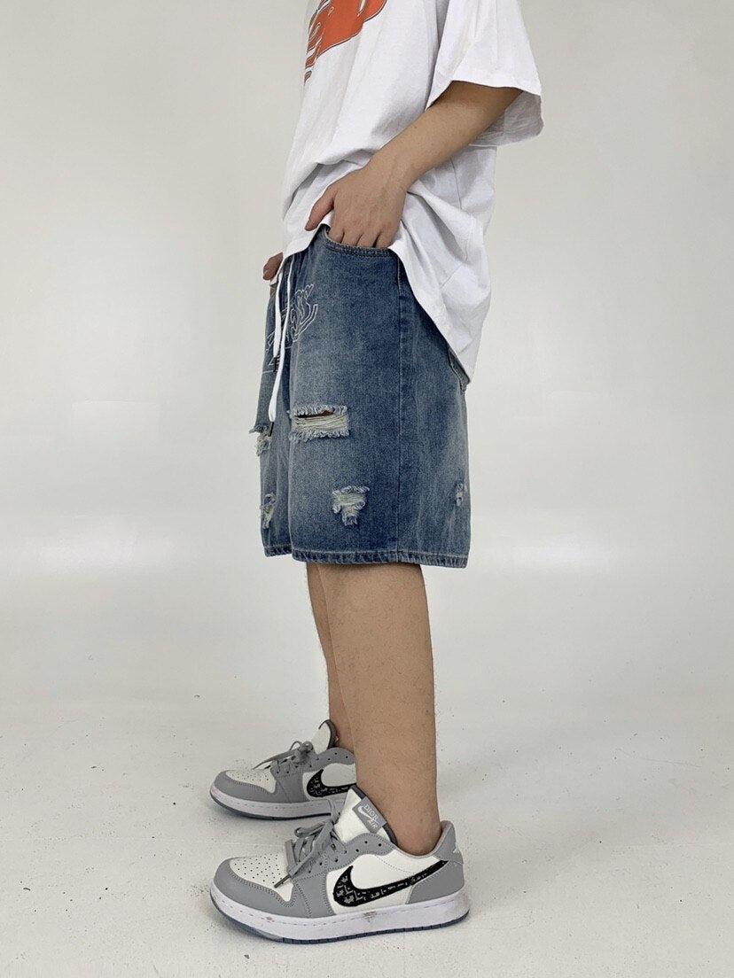 Bonsir Men's Denim Shorts Letter Embroidery Ripped Hole Short Jeans Women Wide Leg Shorts Hip Hop Drawstring Vintage Denim Pants Summer