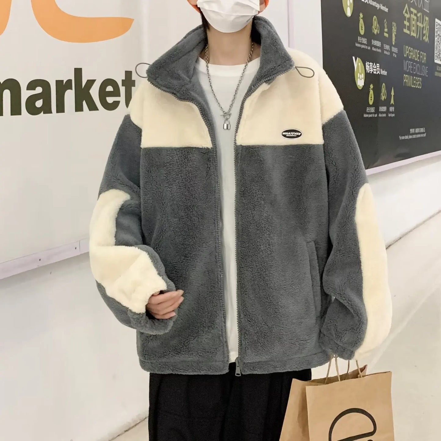 sanyamk Winter Fleece Fluffy Jacket Warm Fuzzy Zipper Patchwork Coat Men Autumn Lightweight Jackets Streetwear Hip Hop Harajuku