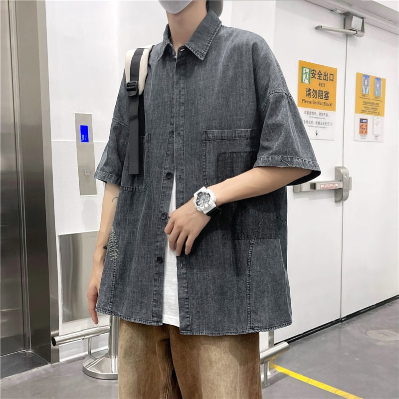 sanyamk Summer Denim Shirts Men's Fashion Vintage Pocket Casual Shirts Mens Japanese Streetwear Loose Short Sleeve Shirts Men M-2XL