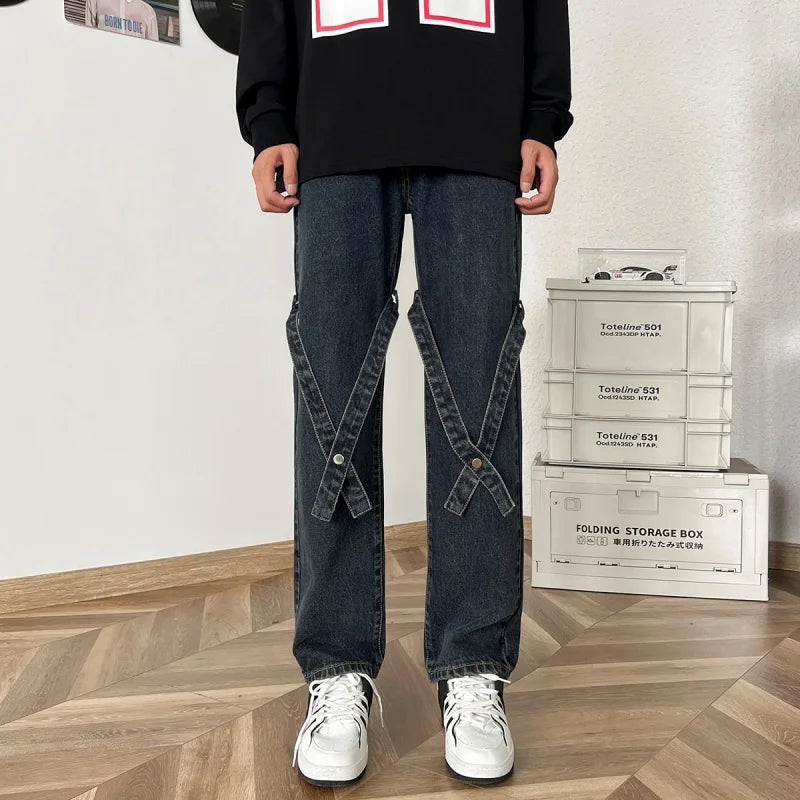 sanyamk American High Street Jeans for Men, Washed Straight-leg Trousers with Straps, Casual, Comfortable and Versatile Long Trousers