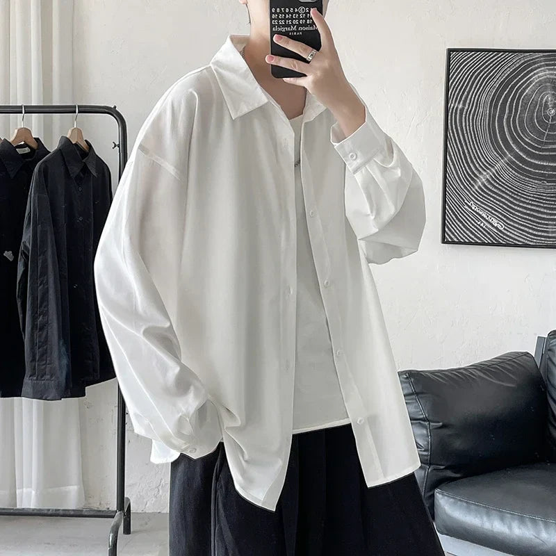 Bonsir Summer Mens Long Sleeve Shirts Solid Color Casual Cardigan Loose Base Vintage Harajuku Tops Blouses