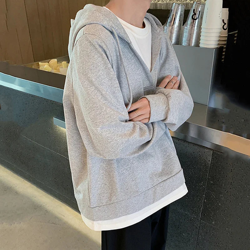sanyamk - American Style Men's Hoodies Fake Two-piece Hooded Drawstring Loose Solid Color Casual Pullover Male Sweatshirts New 9C7274