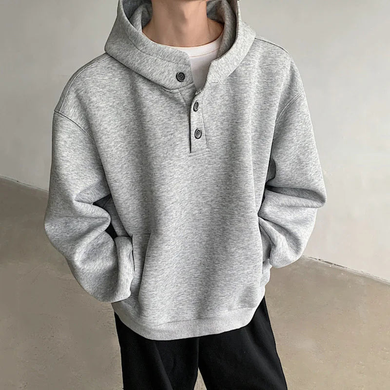 sanyamk - American Style Men's Sweatshirts Casual Button Design Hooded Solid Color Tops Loose Pullover Male Hoodies Autumn 9C8557