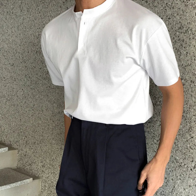 sanyamk - Minimalist New Summer Men's T-shirts Loose Round Neck Short Sleeve Buttons Solid Color Casual Male Tees Fashion 9C6495