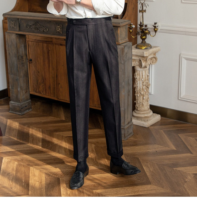 sanyamk High Waist Business Dress Pants Men Ankle Length Office Social Slim Fit Suit Pant Classic Streetwear Trousers Pantalones Hombre
