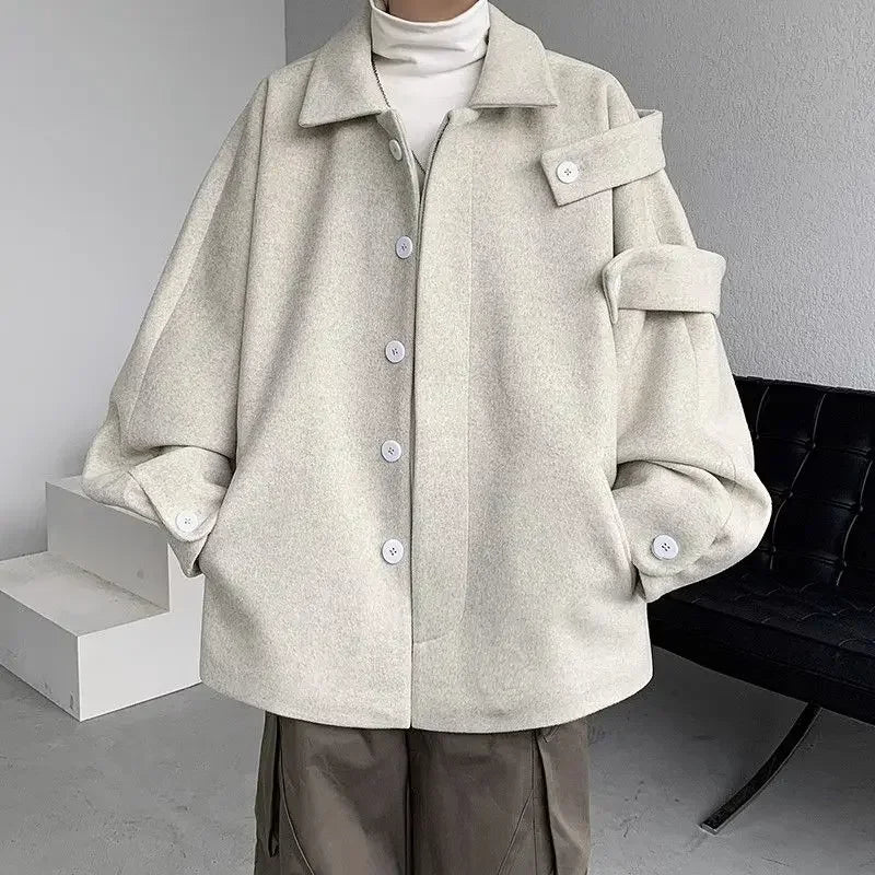 sanyamk Woolen Coat Trendy Men's Autumn and Winter Niche Design American Retro Loose Thickened Jacket Tops K Pop Clothes Men Clothes A29