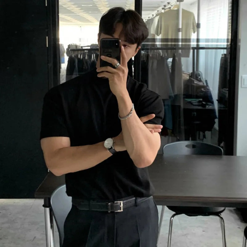 sanyamk - Business Casual Men's T-shirts Knitting Mock Neck Short Sleeve Loose Male Tops Solid Color Minimalist New Summer 9C6418
