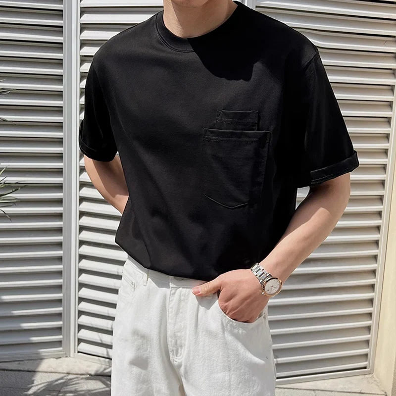 sanyamk - Trendy Pockets Pure Color Cotton T Shirt Men Short Sleeve O Neck Casual Tees For Male Summer Fashion Simple Loose Mens T-shirts